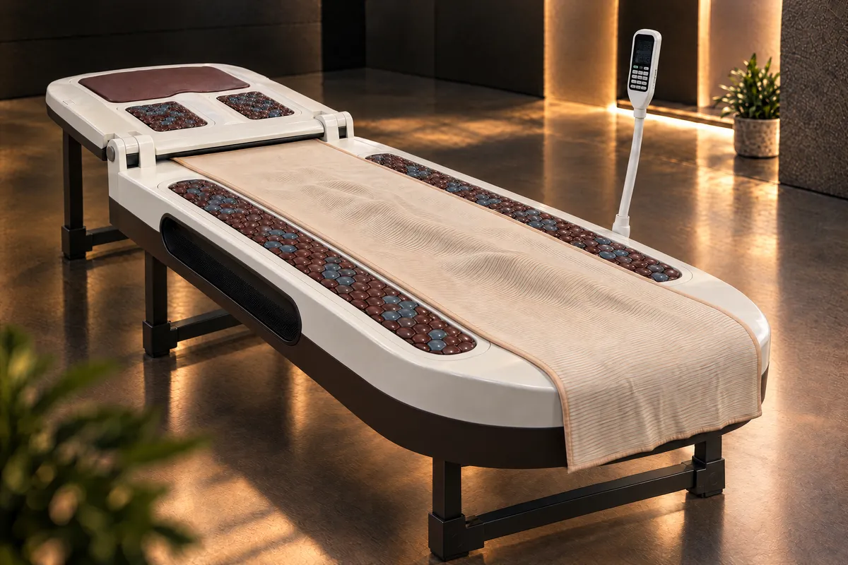 Thermal massage bed in three-quarter view: warm off-white top, chocolate-brown base, two flat sections, four stone panels, cream runner and white controller.