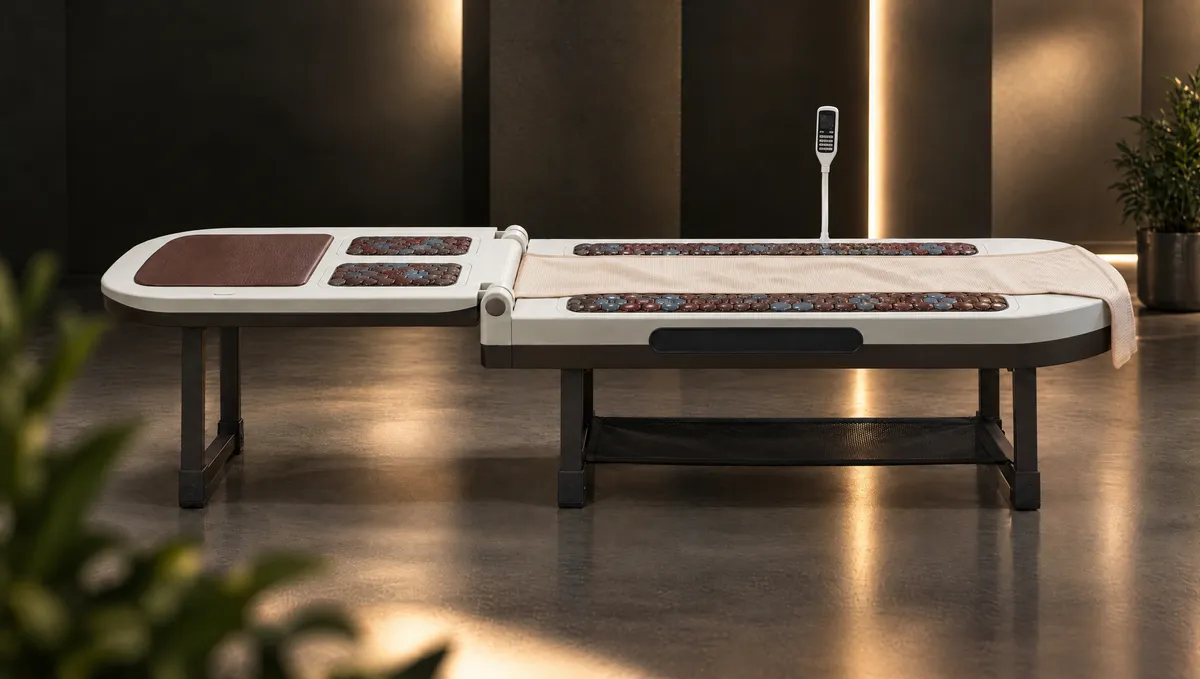 Full side profile of the two-section thermal massage bed on dark rectangular legs, with brown leatherette pad and white gooseneck controller.