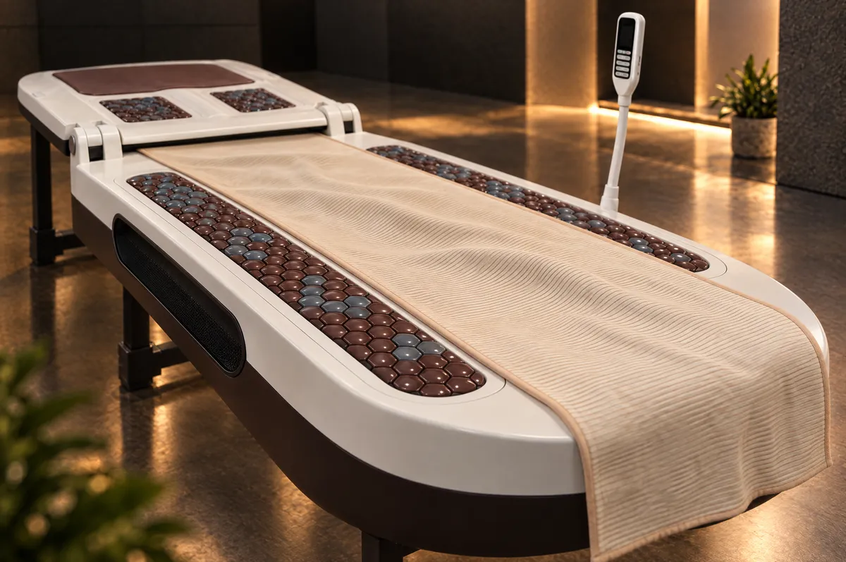 Close view of reddish-brown and blue-grey domed hexagonal stone tiles beside the cream pinstriped runner.