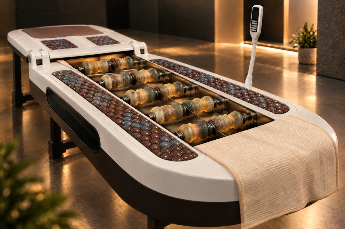 Illustrative visualization of the thermal massage bed interior; this conceptual cutaway does not show verified engineering.